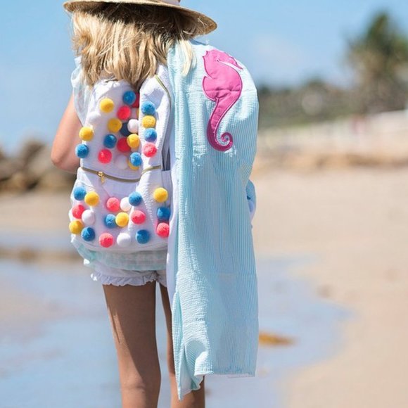 Palm Beach Crew Handbags - Palm Beach Crew Seersucker Pom Pom Backpack
